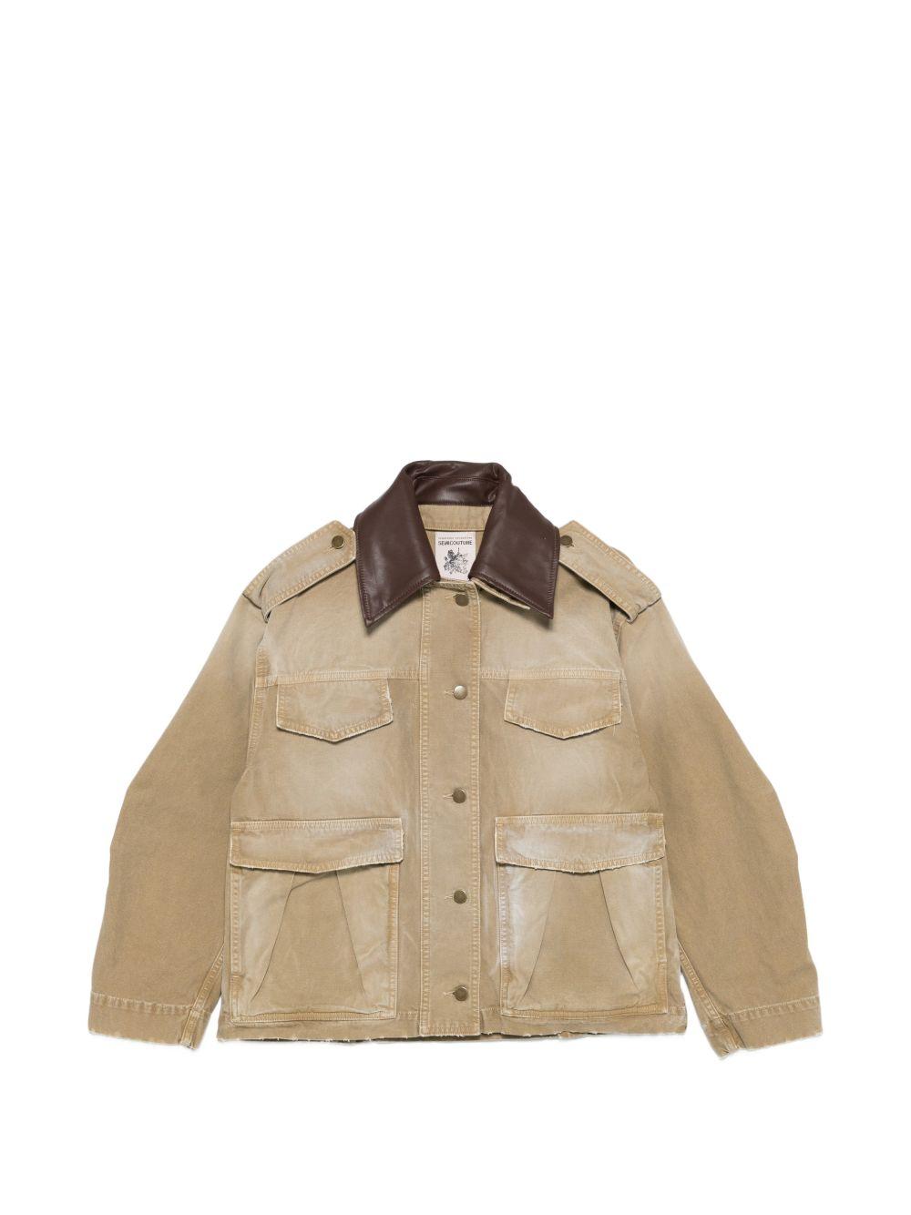 SEMICOUTURE Giacca Gloria color sabbia con colletto in pelle marrone 