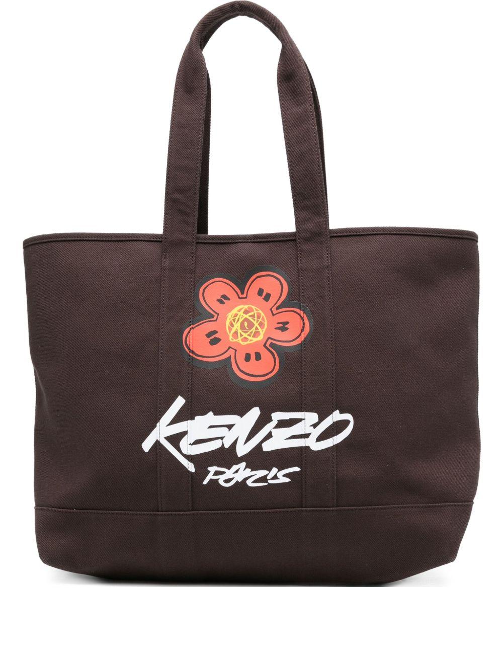 KENZO Borsa shopping in cotone marrone con stampa fiore e logo 