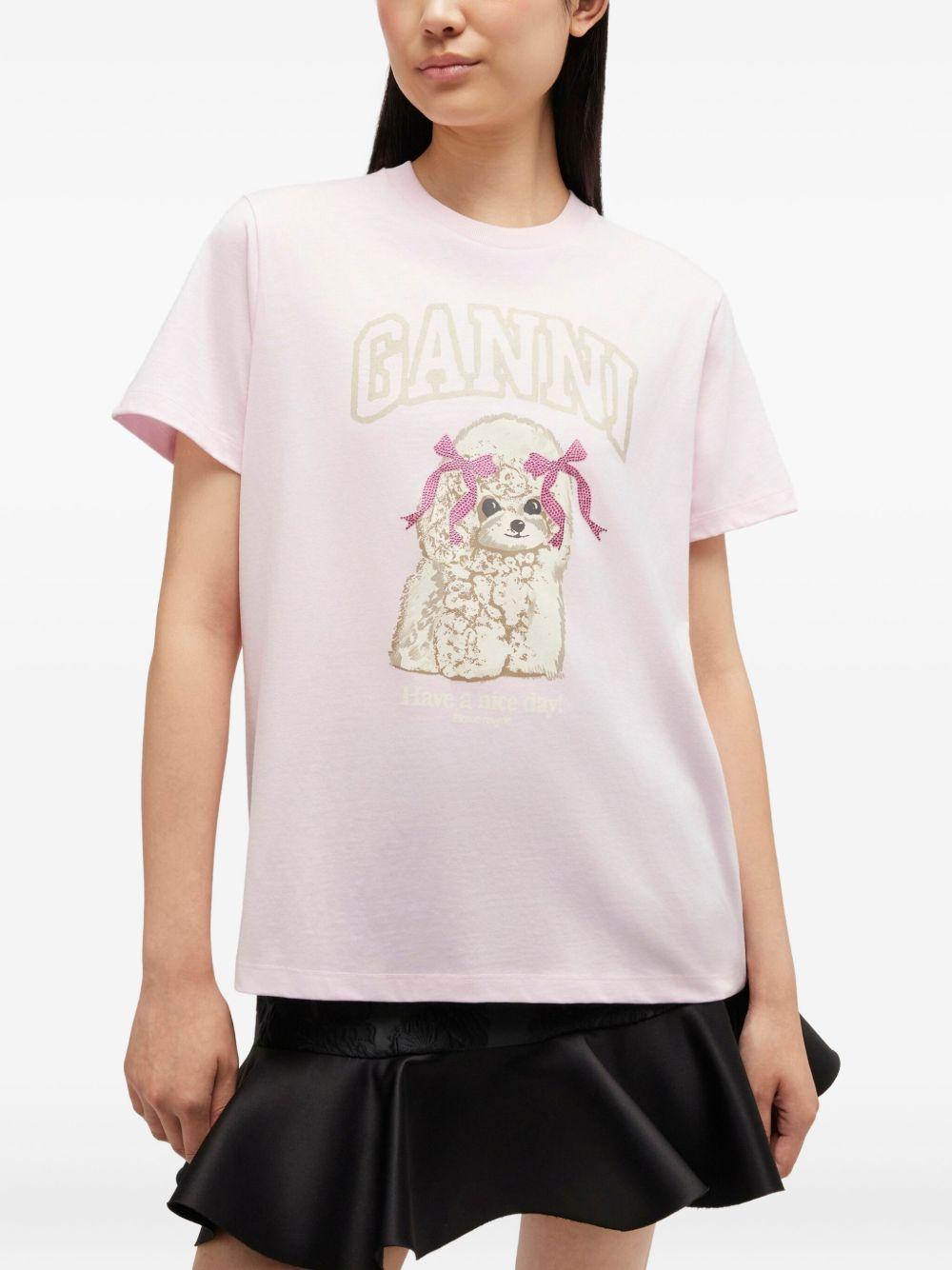 GANNI T-shirt rosa con stampa cane 