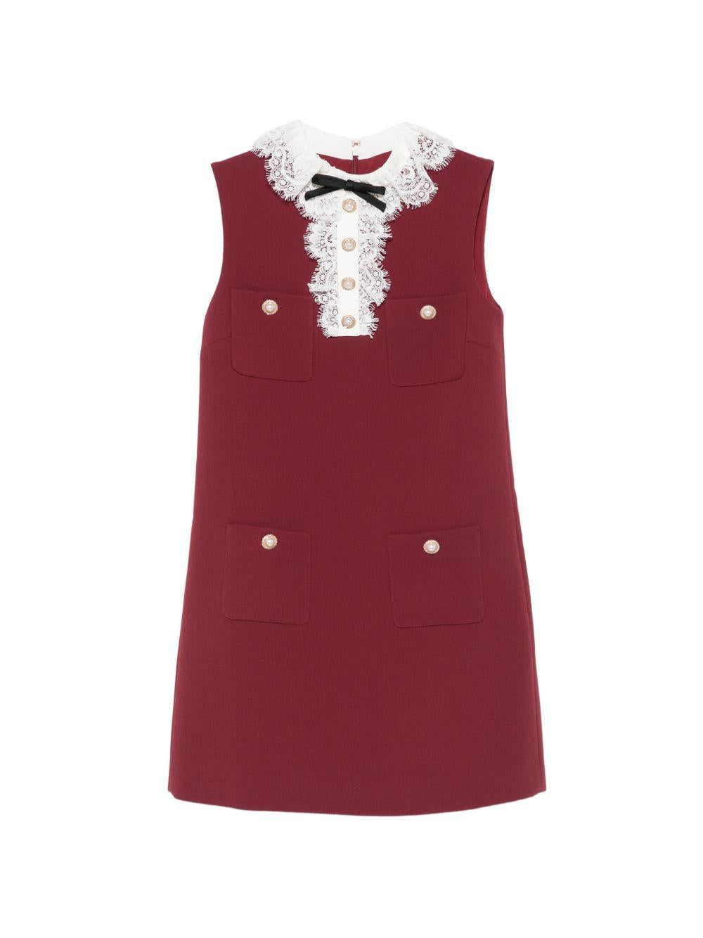 SELF PORTRAIT Mini abito bordeaux in crepe con colletto in pizzo e fiocchi 