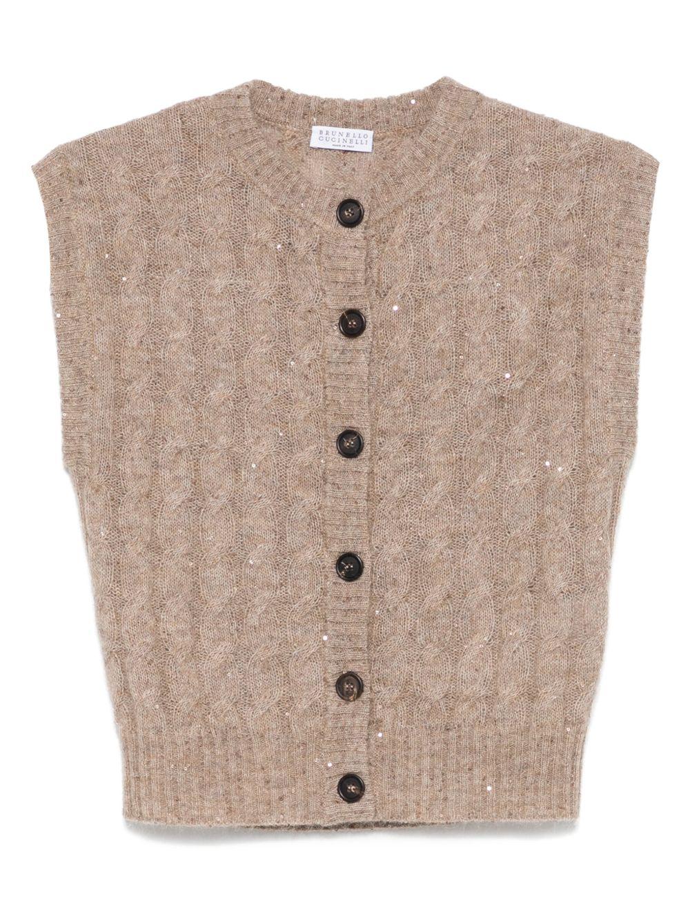 BRUNELLO CUCINELLI Gilet girocollo beige in maglia 