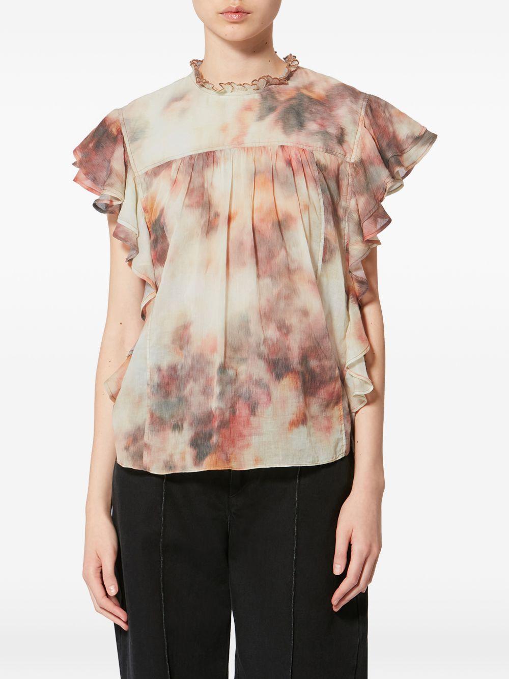 MARANT ETOILE Top neutro in cotone con colletto arricciato e maniche corte 