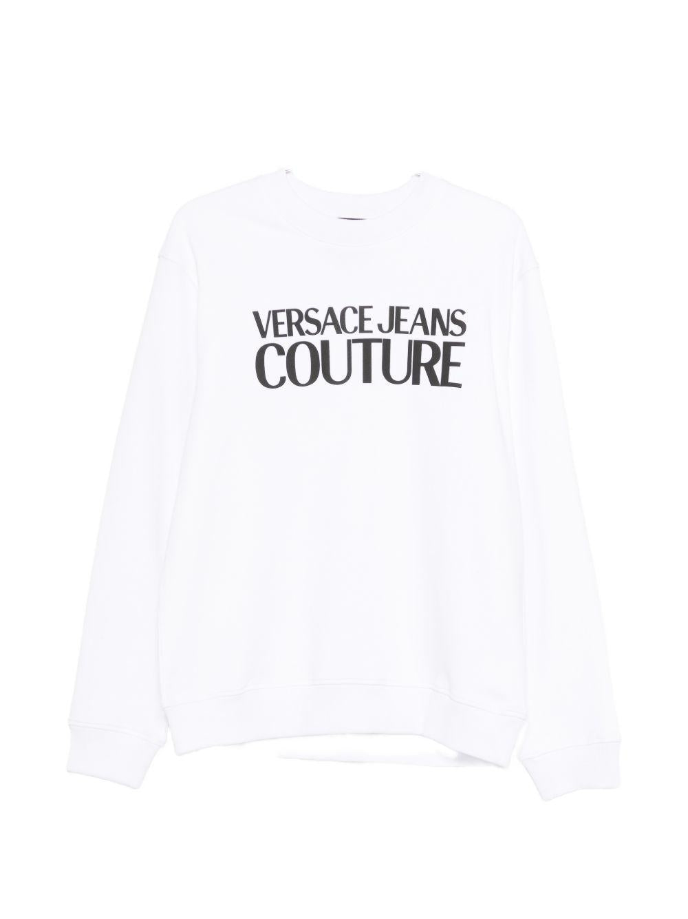 VERSACE JEANS COUTURE Felpa in cotone bianco girocollo con logo nero 