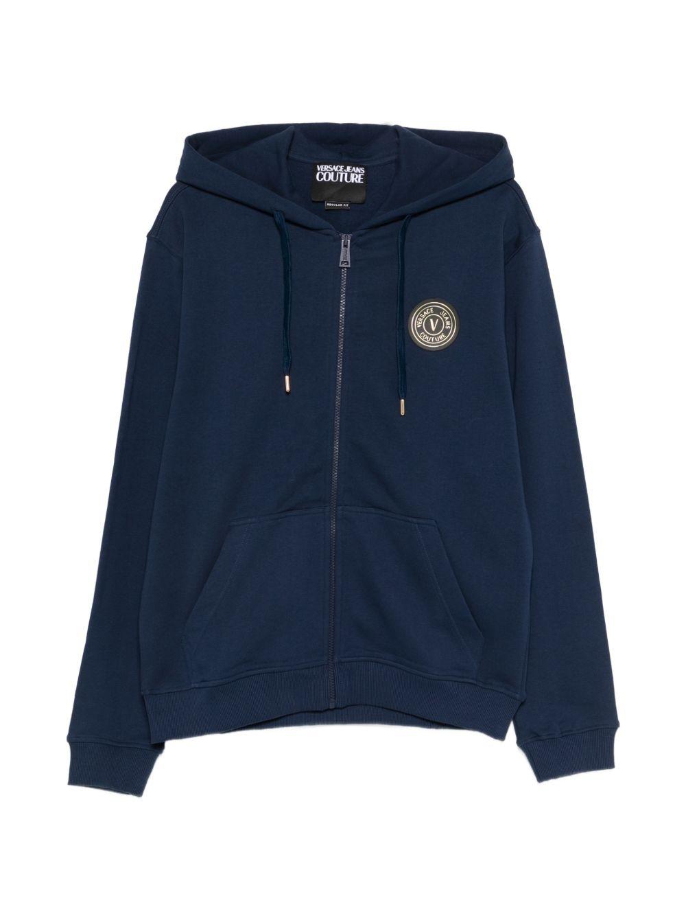 VERSACE JEANS COUTURE Felpa in cotone blu con cappuccio e zip 