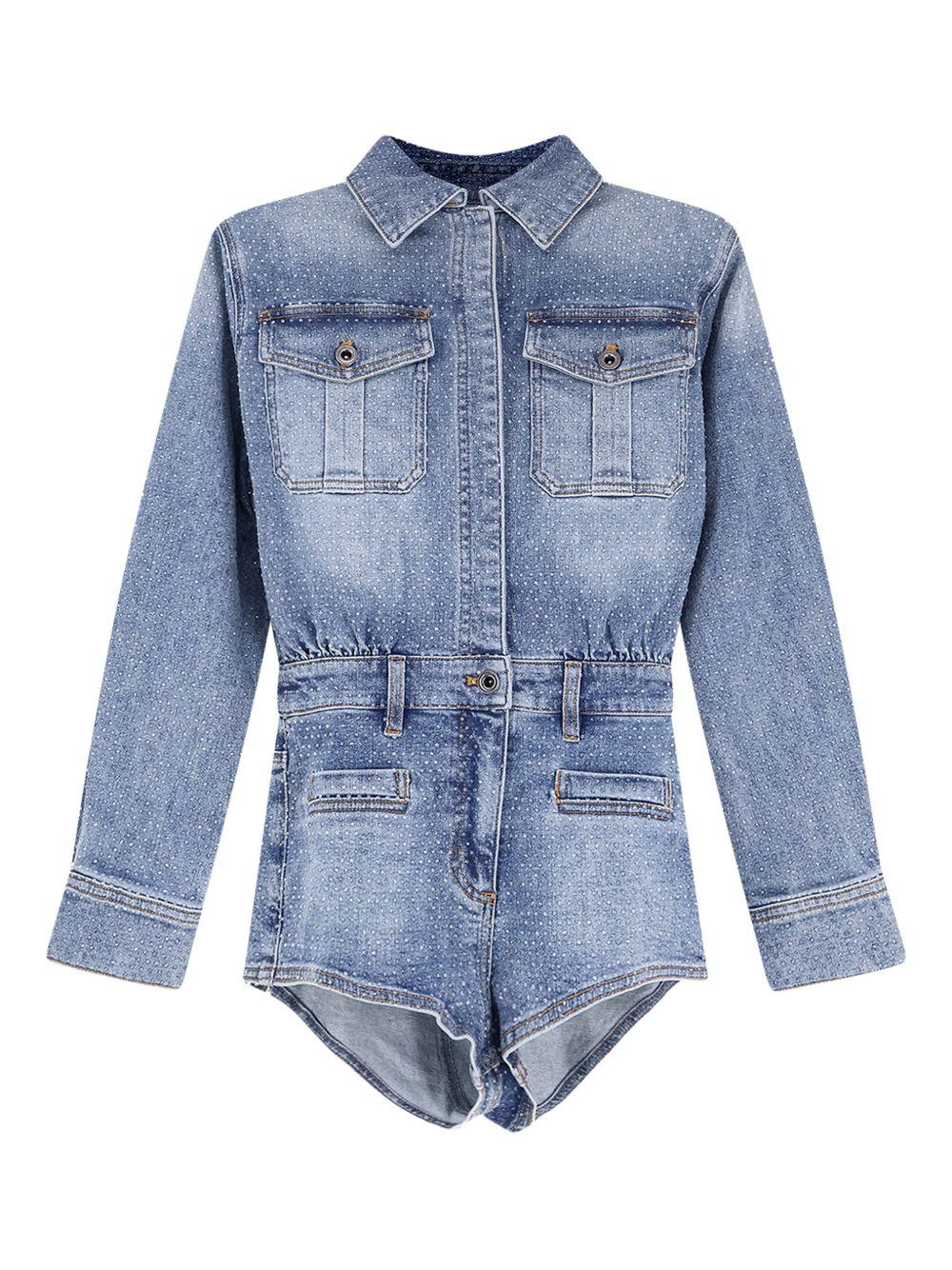 SELF PORTRAIT Tuta corta denim blu con strass 