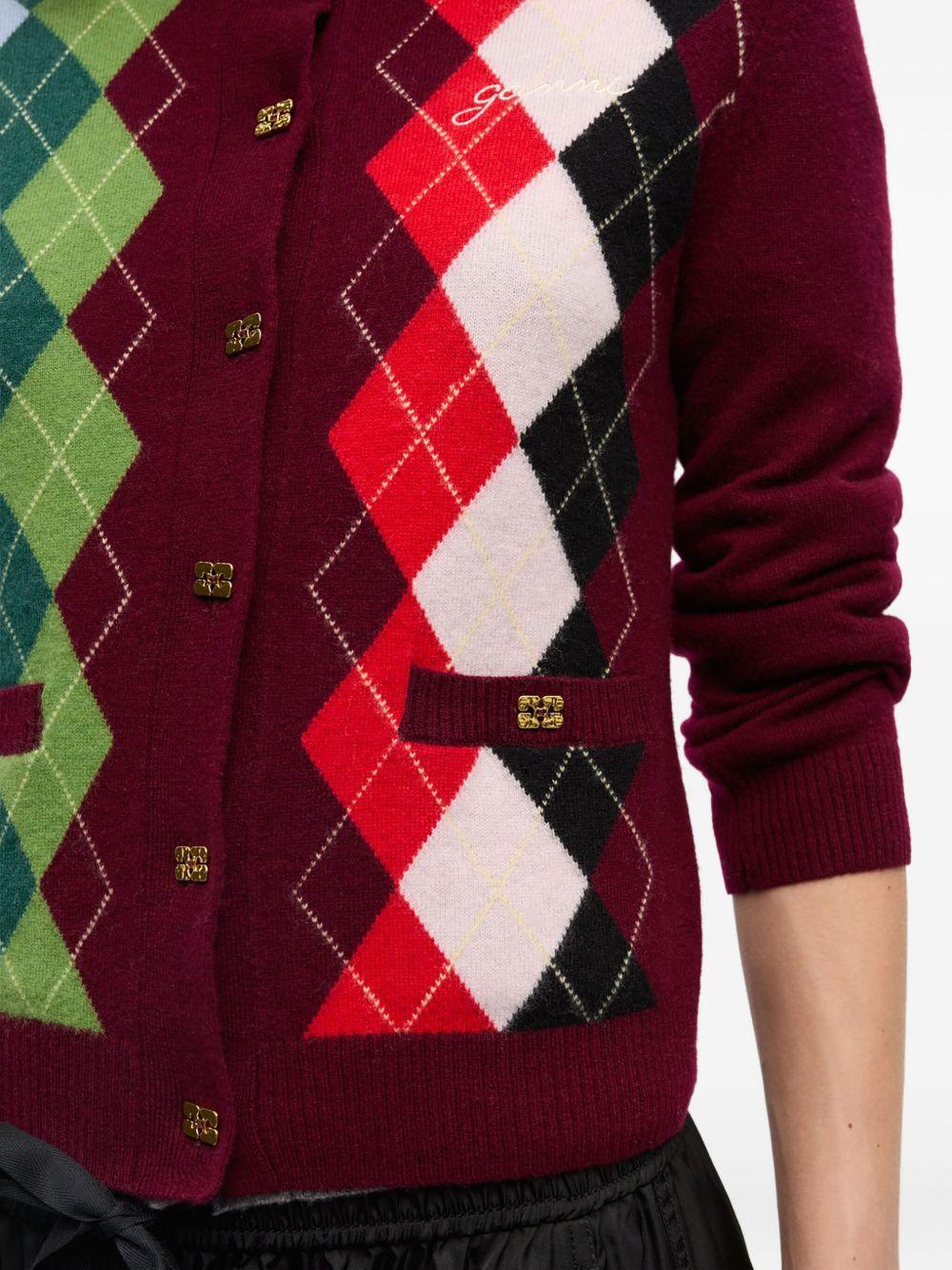 GANNI Cardigan in misto lana bordeaux con rombi 