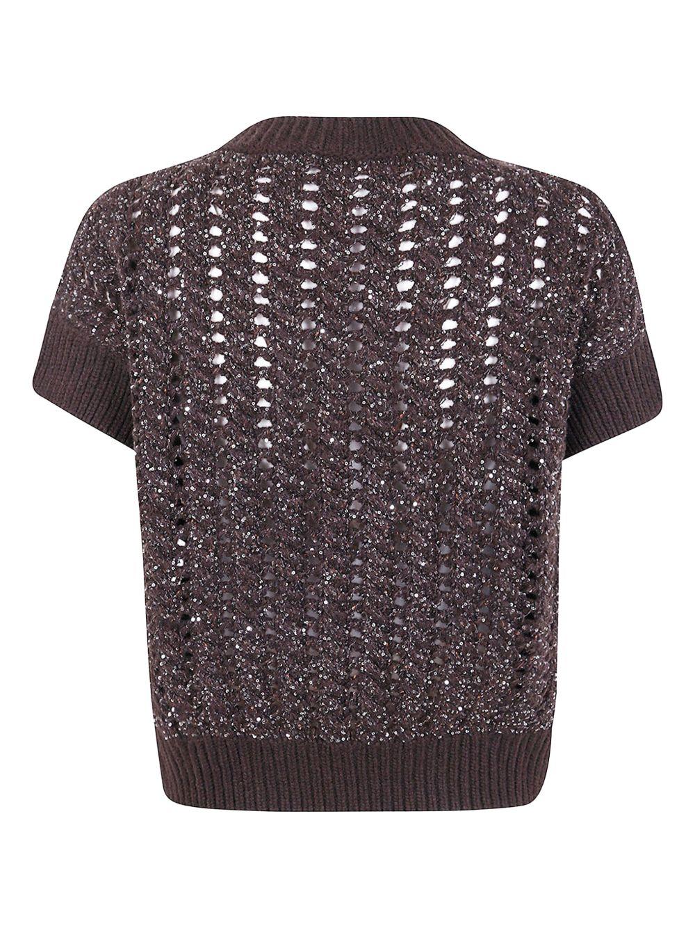 D EXTERIOR Maglia marrone scuro a maniche corte con paillettes 