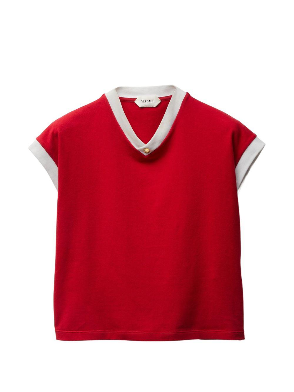 VERSACE Top rosso con scollo a V e bottoni oro 