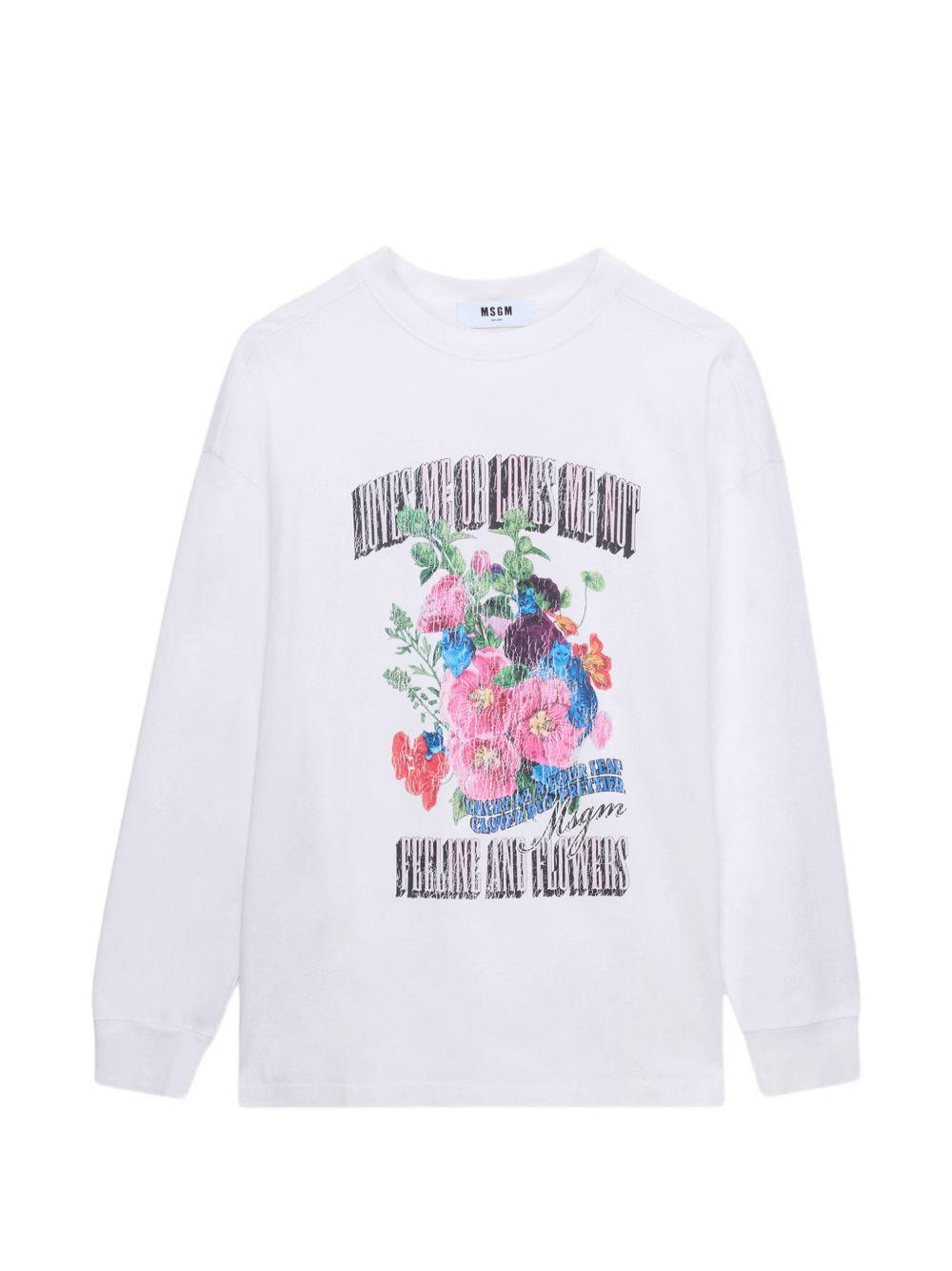 MSGM T-shirt a maniche lunghe bianca con stampa fiori 