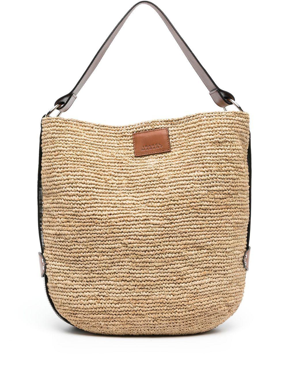 ISABEL MARANT Borsa Bayia a secchiello in rafia beige e pelle 