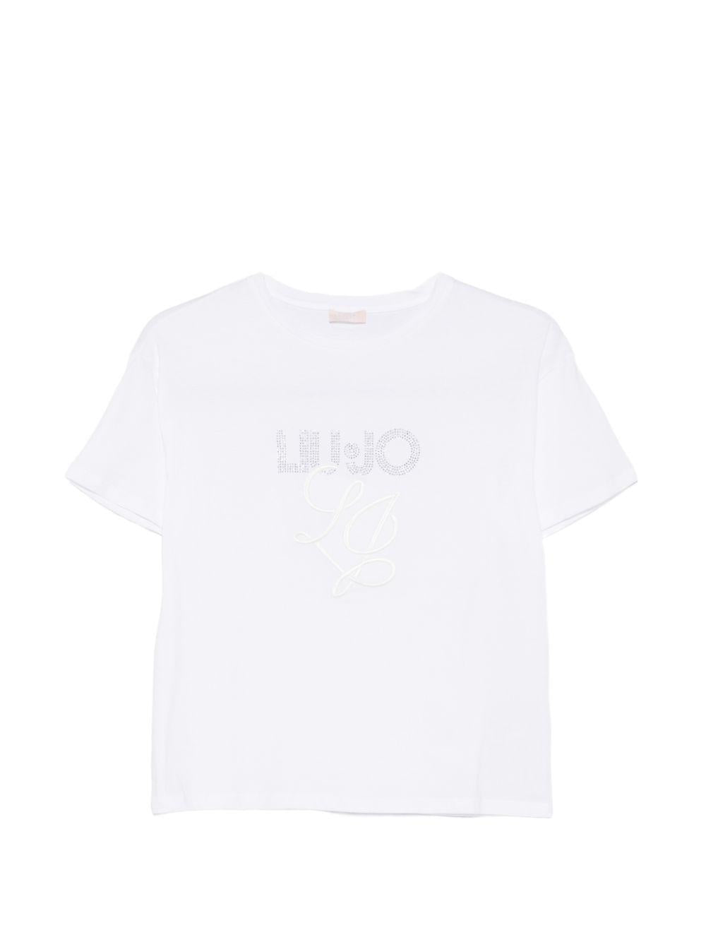LIUJO T-shirt bianca con logo e strass argentati 