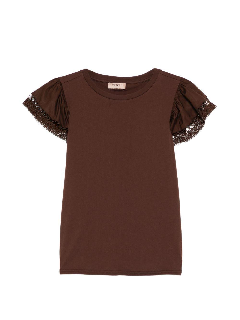 TWINSET T-shirt in cotone marrone con maniche a volant 