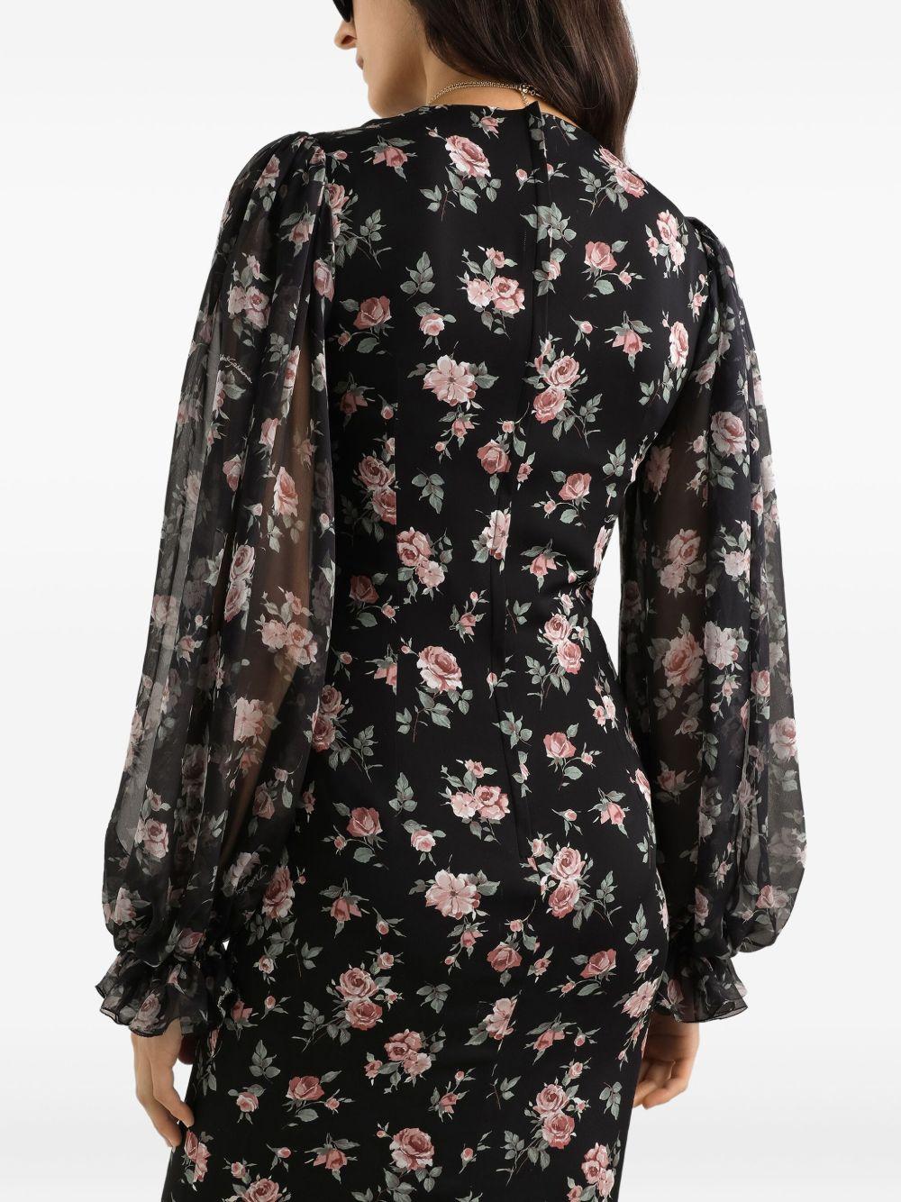 DOLCE e GABBANA Abito midi nero aderente con stampa floreale 