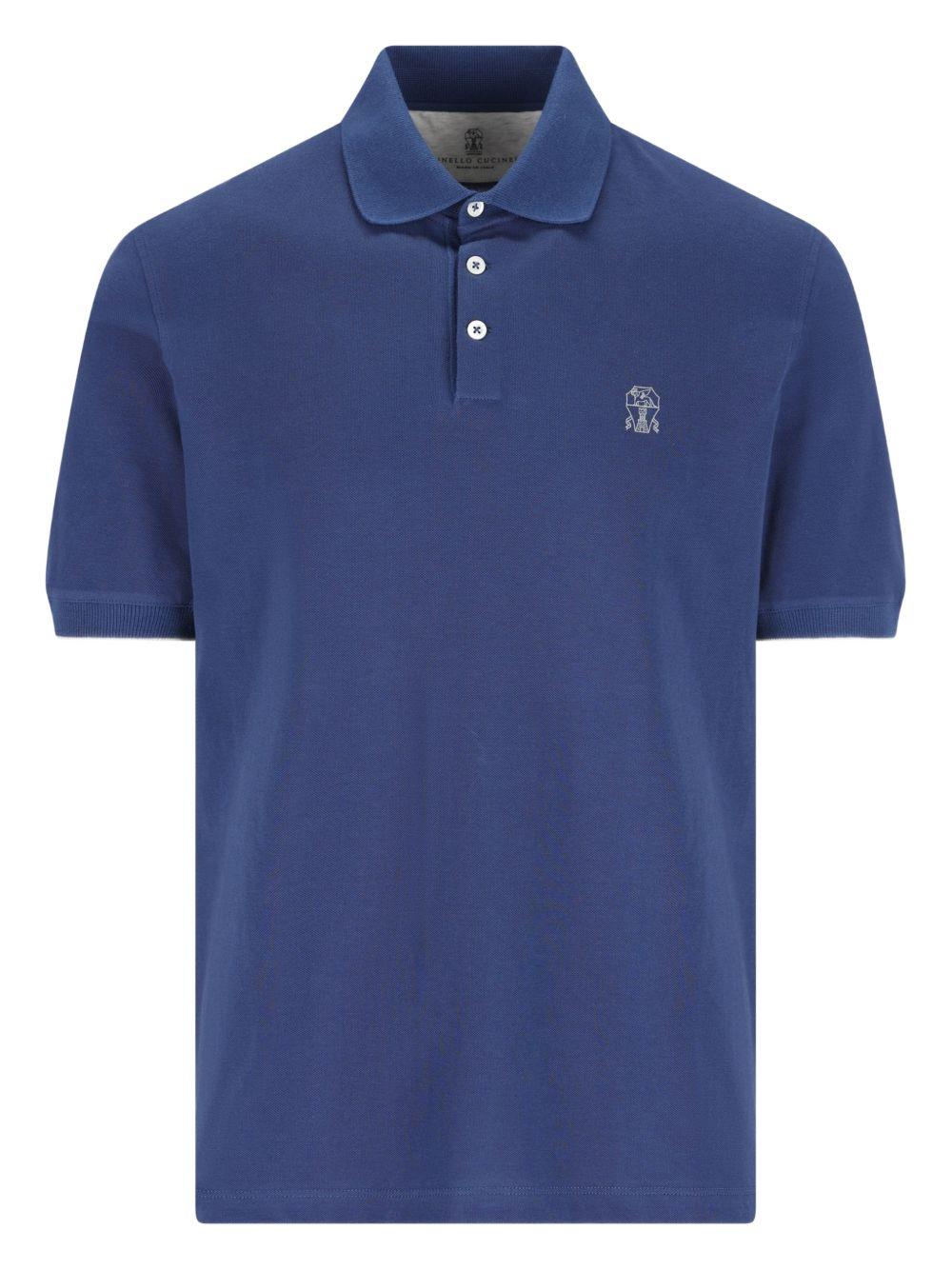 BRUNELLO CUCINELLI Polo in cotone blu con logo ricamo sul petto 
