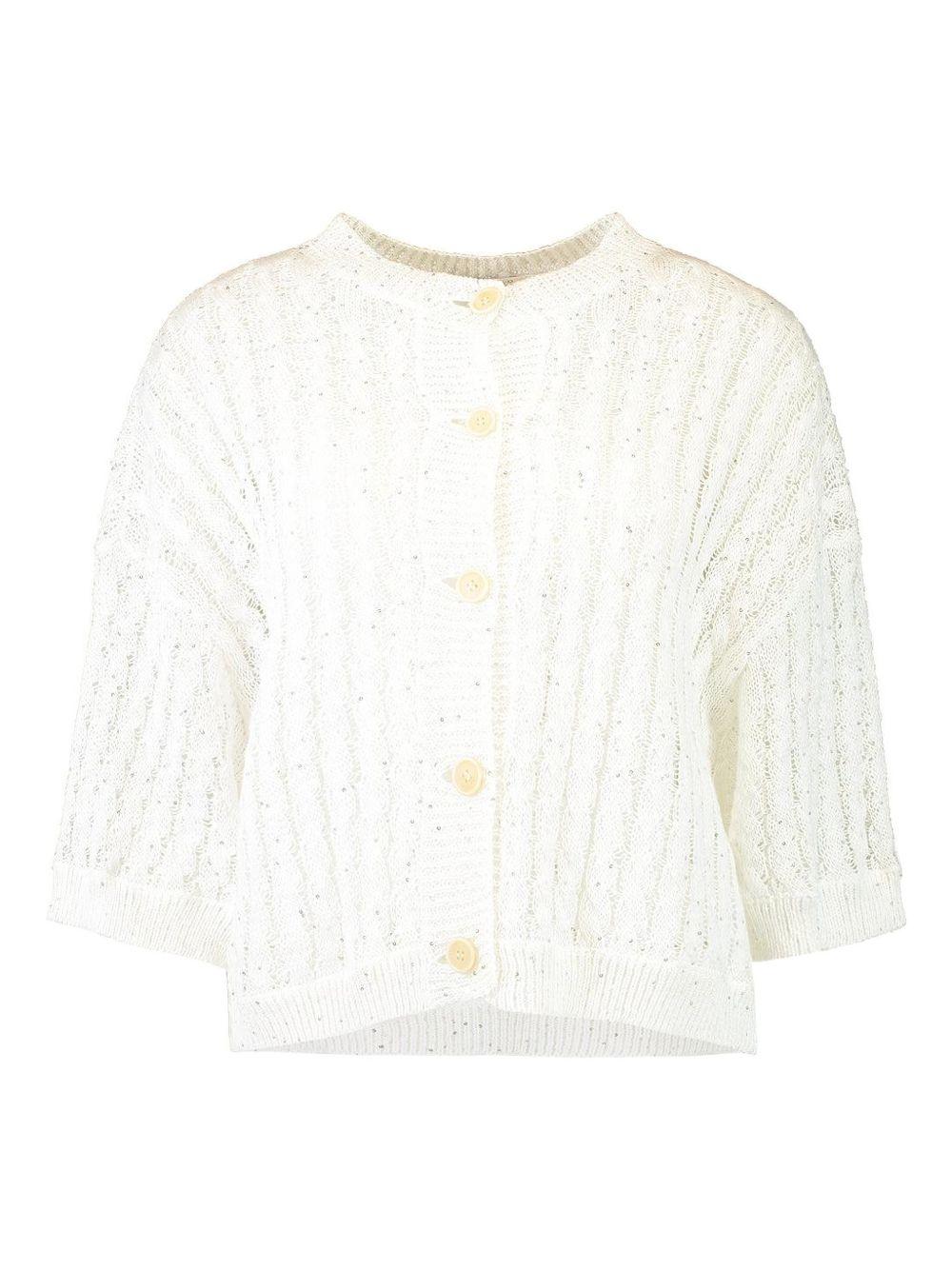 BRUNELLO CUCINELLI Cardigan in lino bianco con trecce e paillettes 