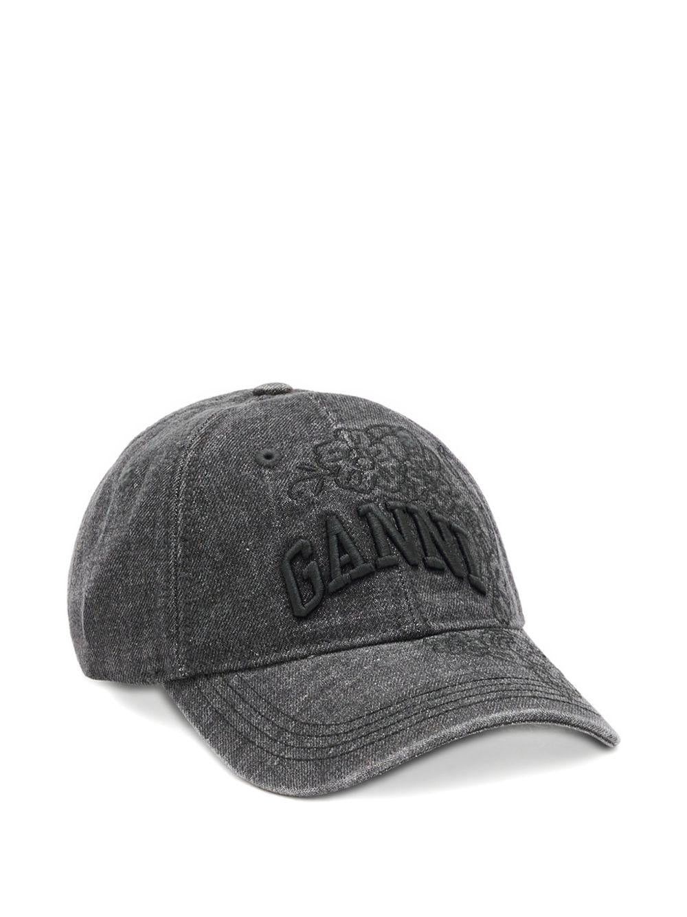 GANNI Cappello baseball in denim con ricamo floreale e logo 
