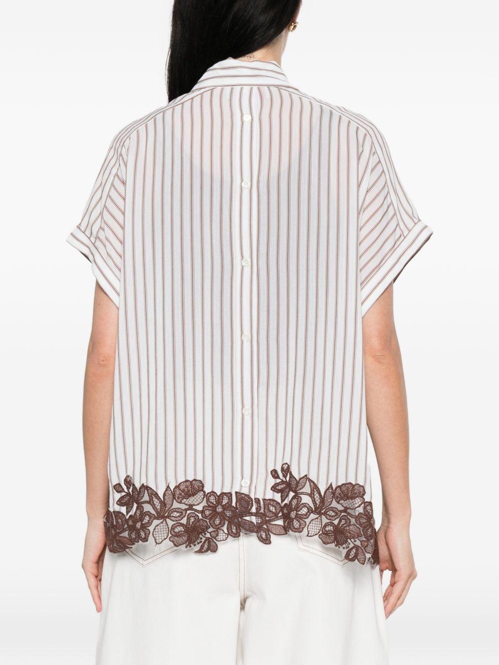 ERMANNO FIRENZE Camicia a righe bianca e marrone con dettagli floreali in pizzo 