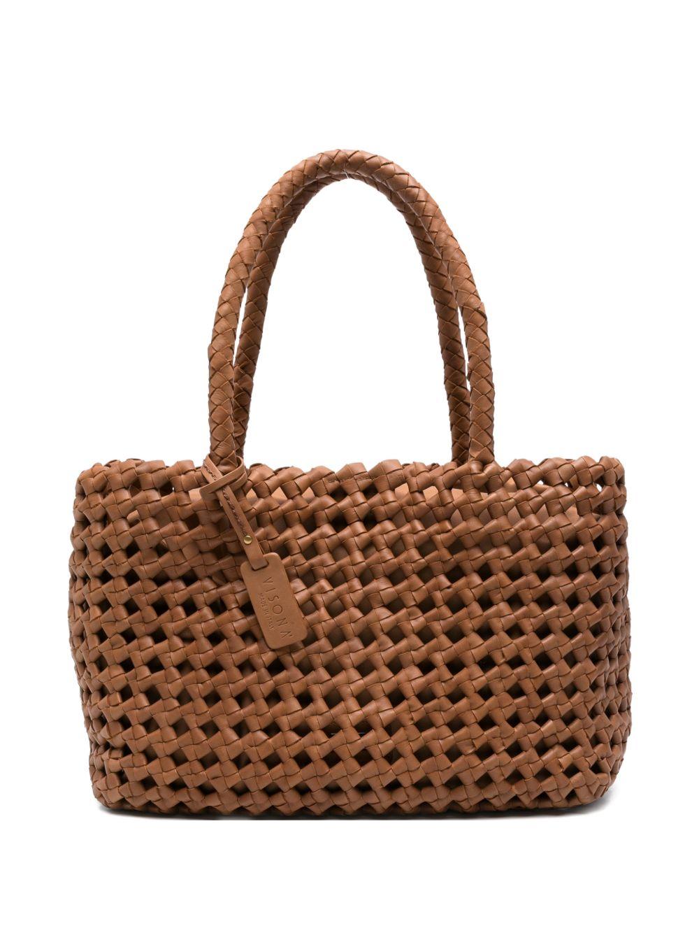 VISONA Borsa Regina in pelle intrecciata color cuoio 