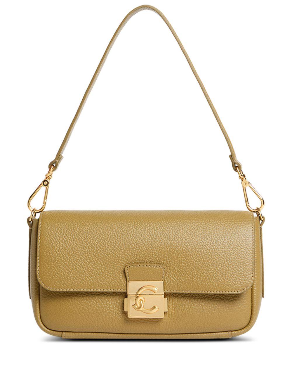 COCCINELLE Borsa a spalla in pelle verde con placca logo dorata 