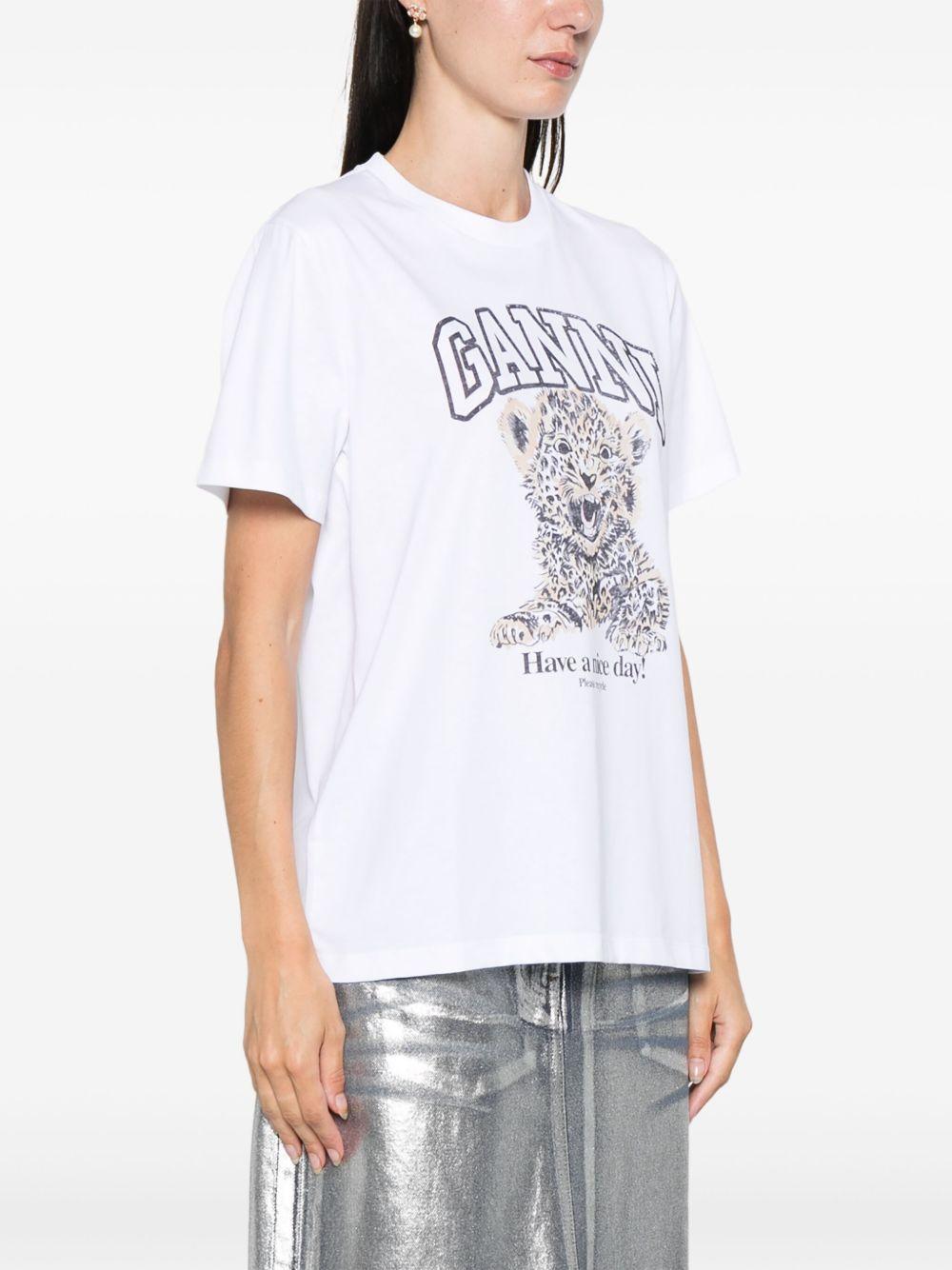 GANNI T-shirt in cotone bianco con leopardo 