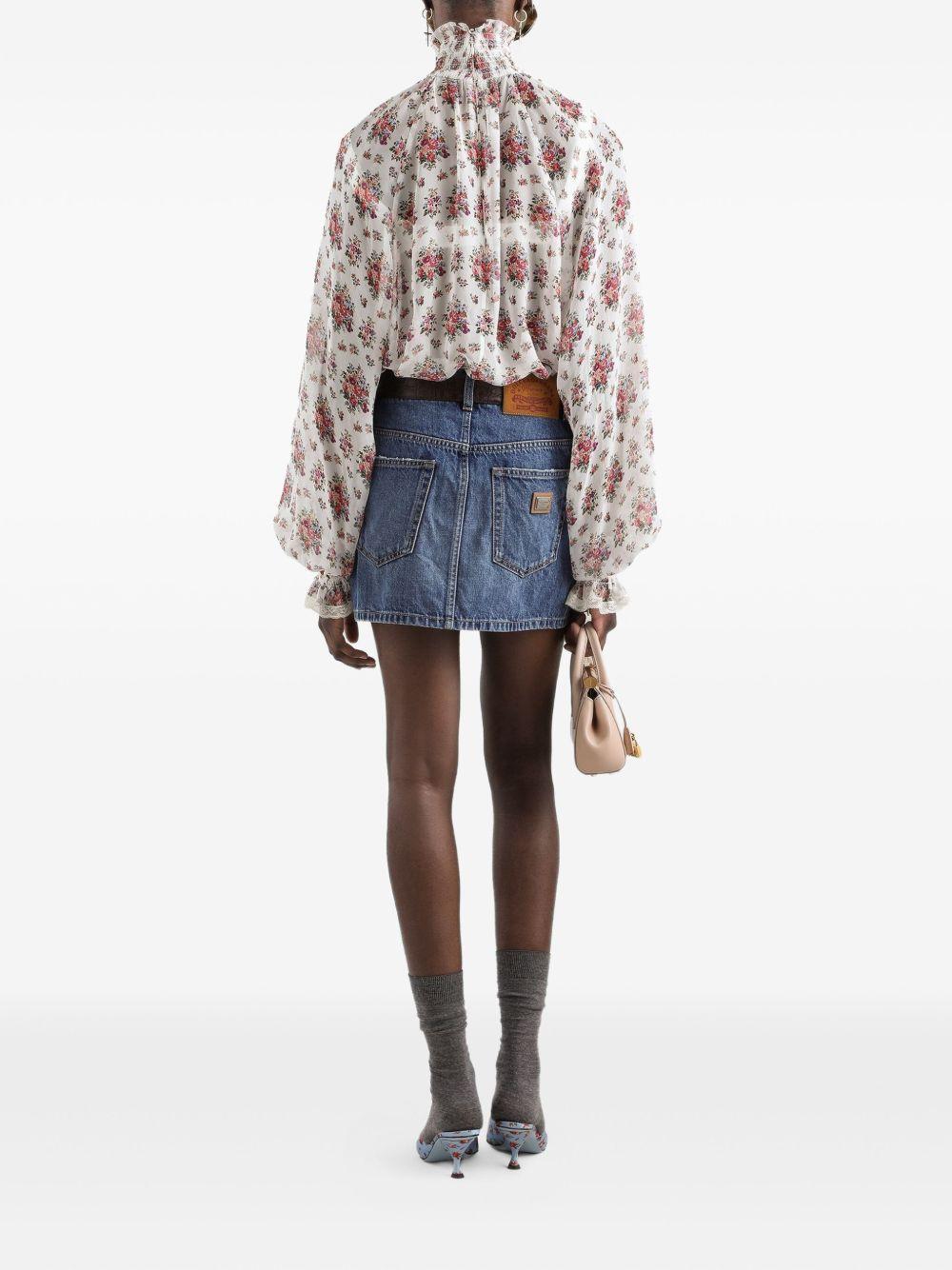 DOLCE e GABBANA Blusa in cotone bianco con stampa floreale e collo alto 