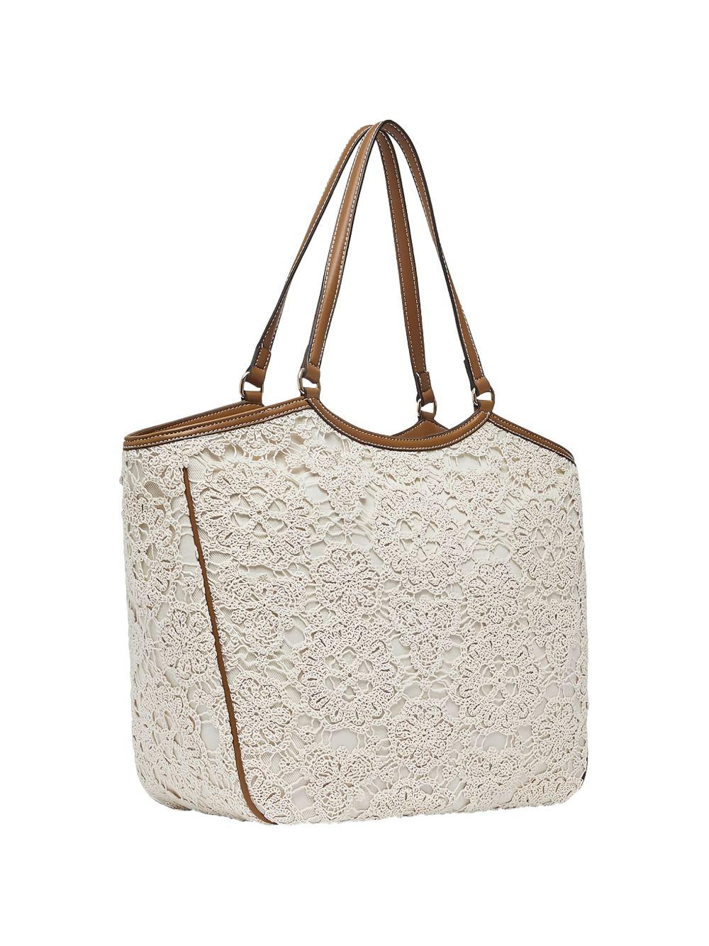 LIUJO Borsa a mano con ricamo crochet color panna 