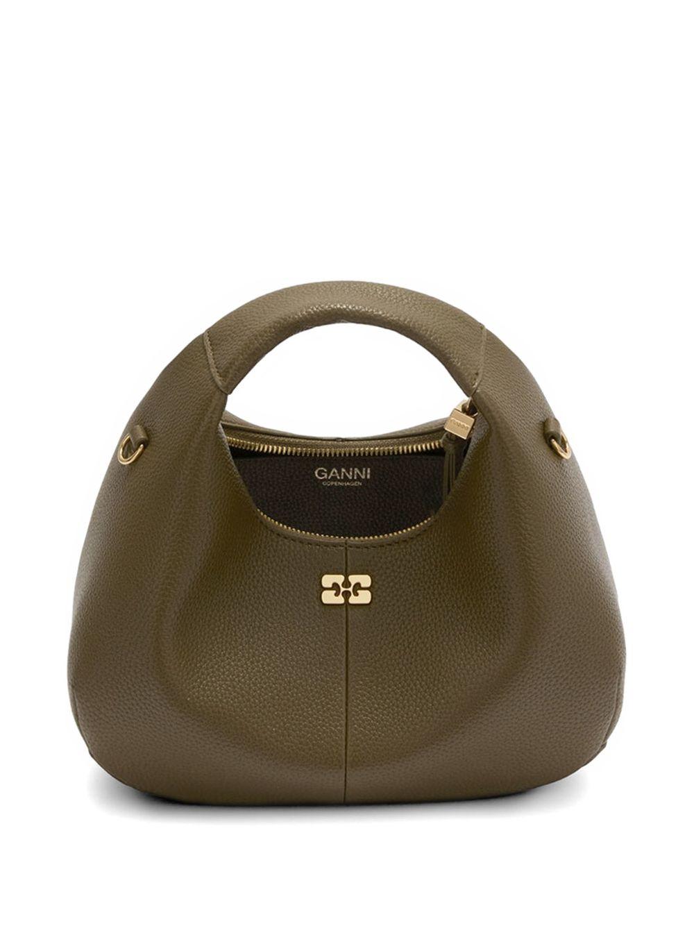 GANNI Borsa Hobo Mini in pelle vegana verde militare con logo 