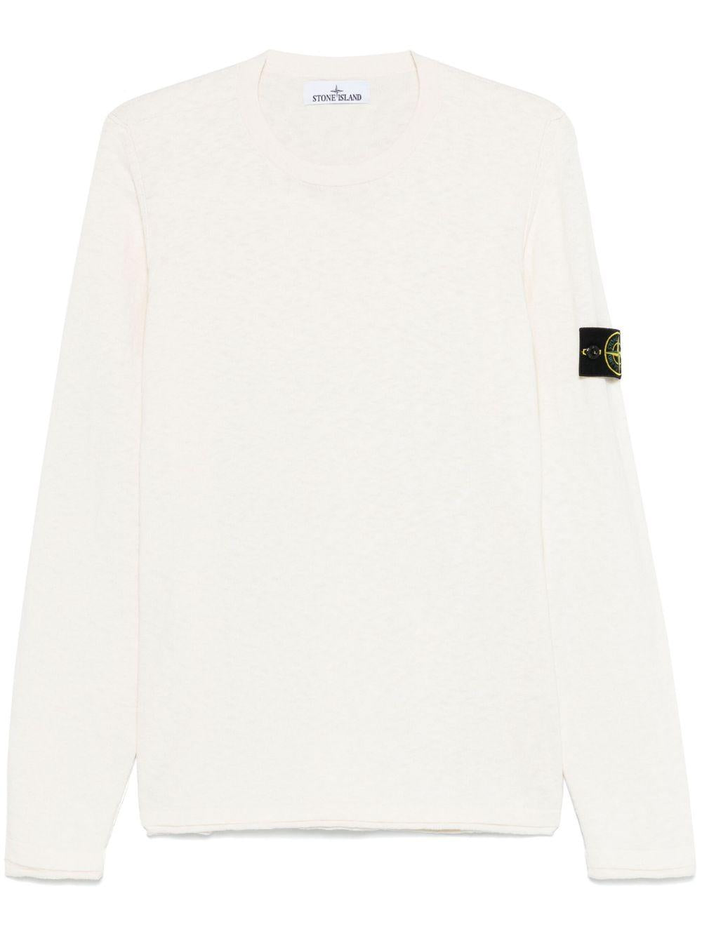 STONE ISLAND Maglione girocollo avorio con patch logo 