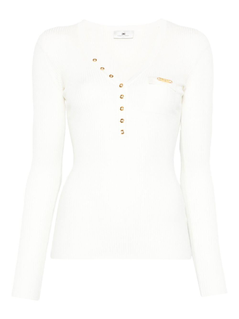 ELISABETTA FRANCHI Maglia bianca a coste con bottoni dorati 