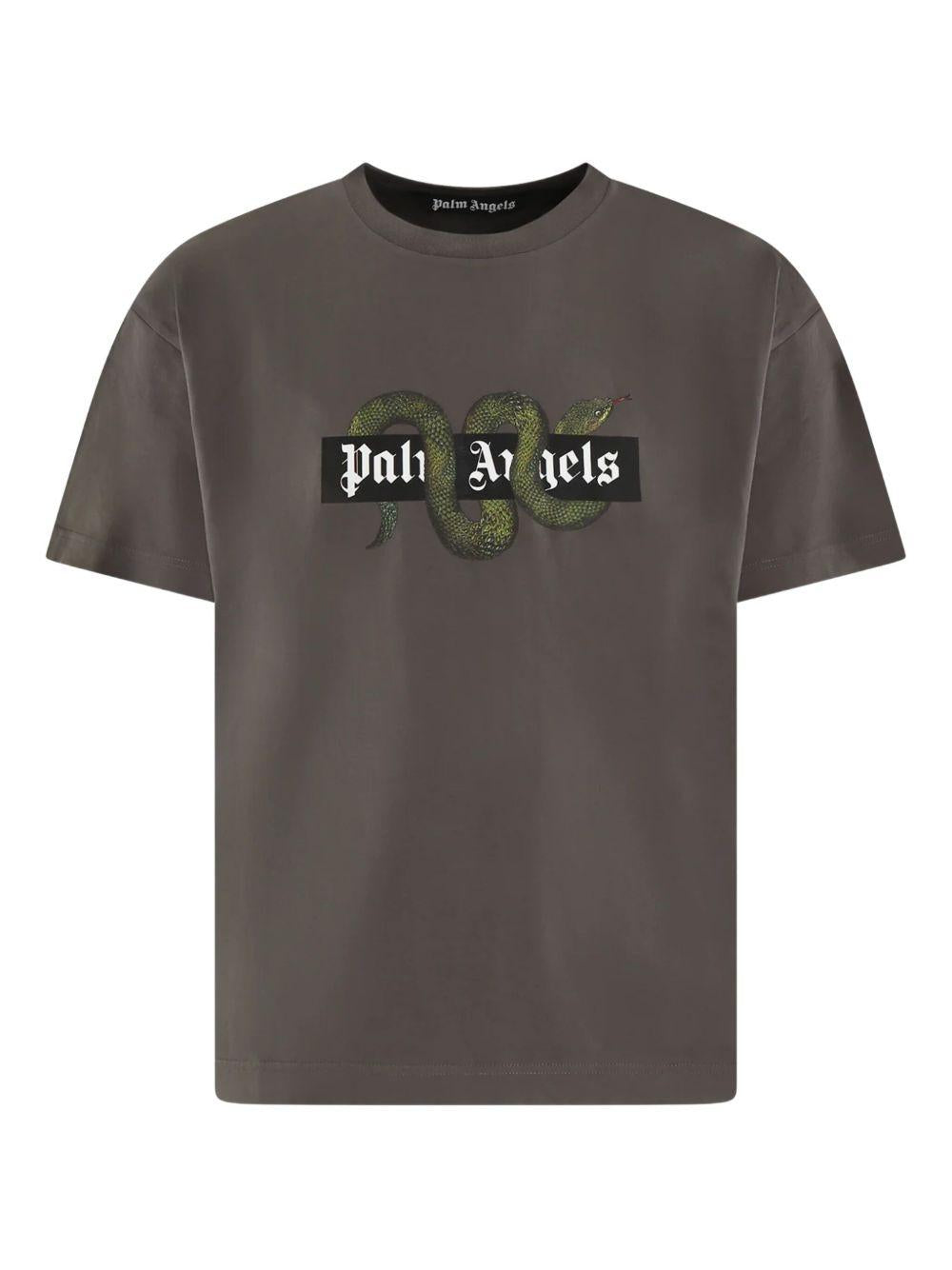 PALM ANGELS T-shirt in cotone grigio con logo e serpente 