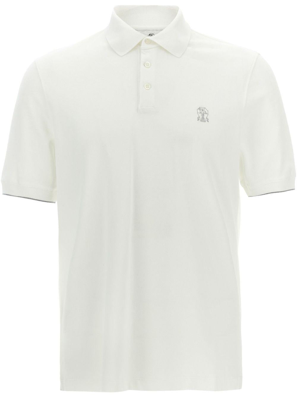 BRUNELLO CUCINELLI Polo in cotone bianco con bottoni e logo grigio 