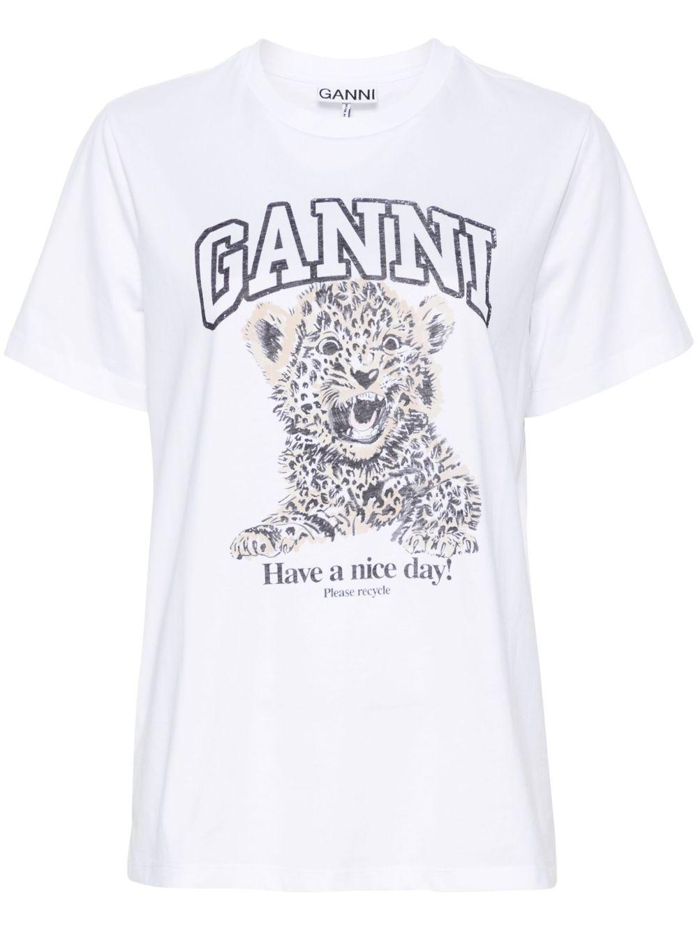 GANNI T-shirt in cotone bianco con leopardo 