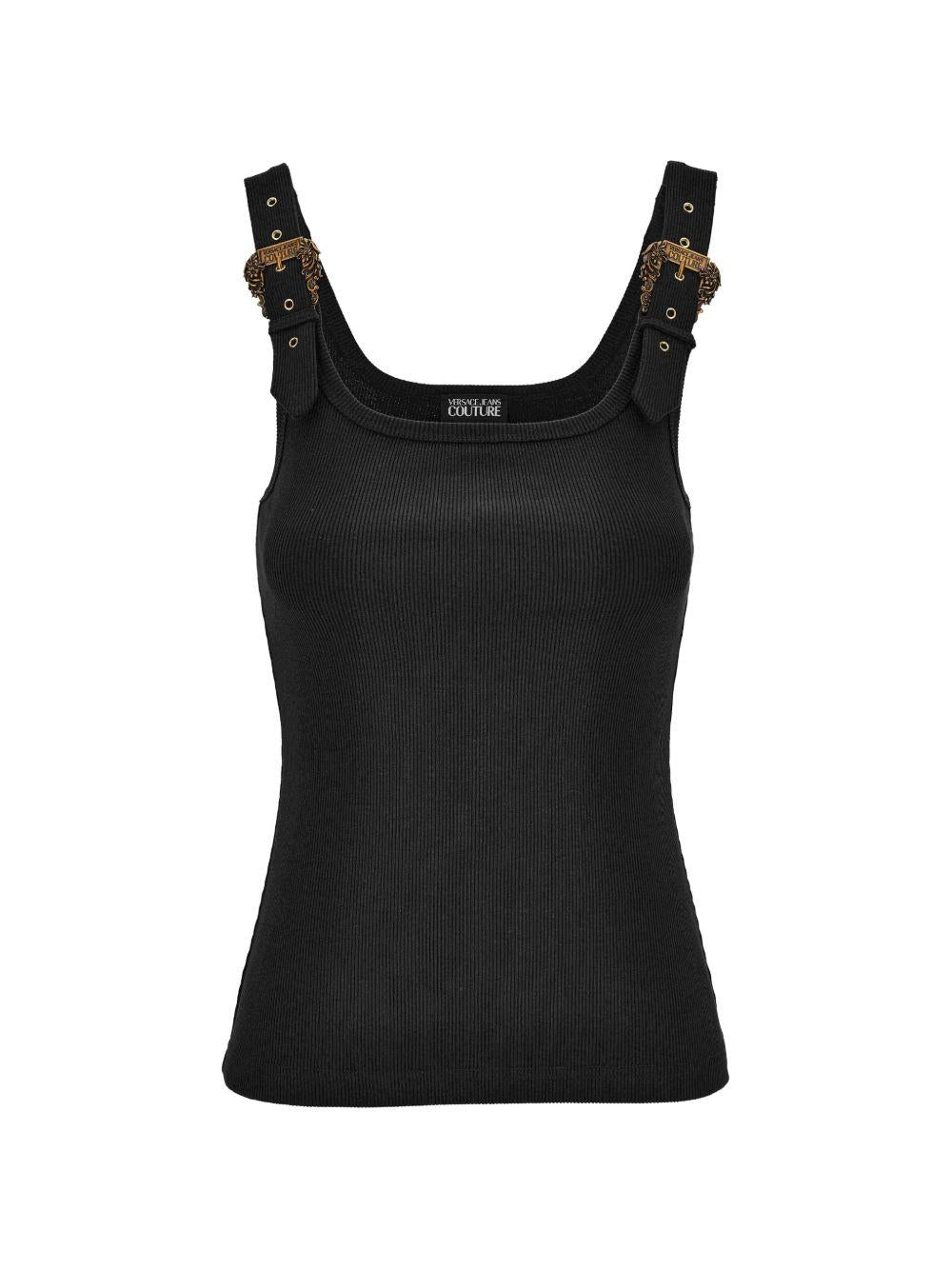 VERSACE JEANS COUTURE Top in cotone nero con fibbie oro 