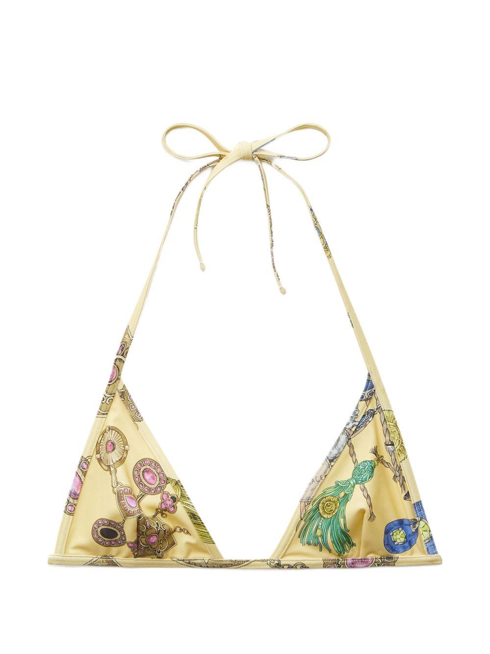 VERSACE Top bikini triangolo giallo con stampa gioielli multicolor 