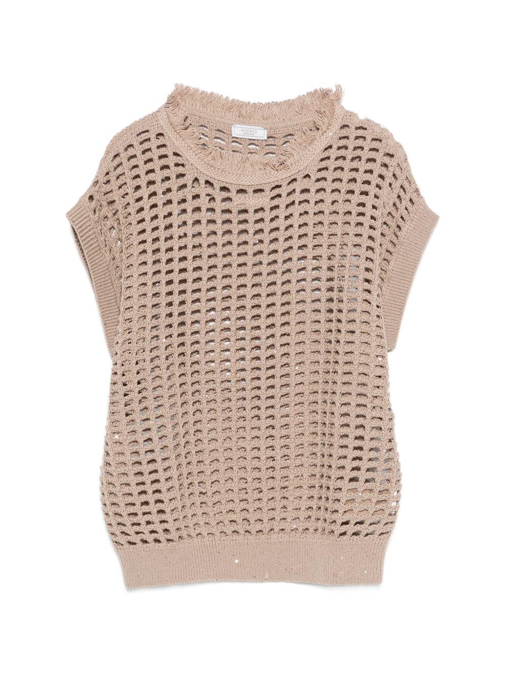 PESERICO Maglia beige senza maniche effetto crochet 
