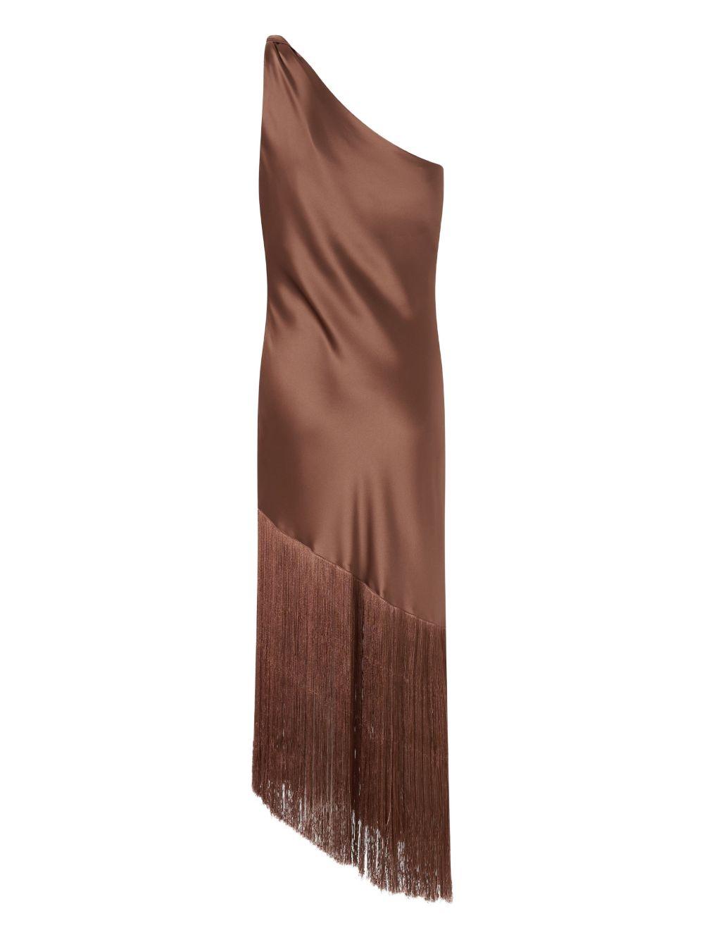PINKO Abito midi Kiwi marrone con frange monospalla 