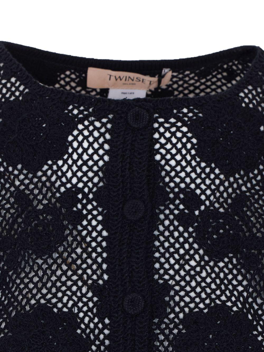 TWINSET Cardigan in maglia traforata nera di cotone 