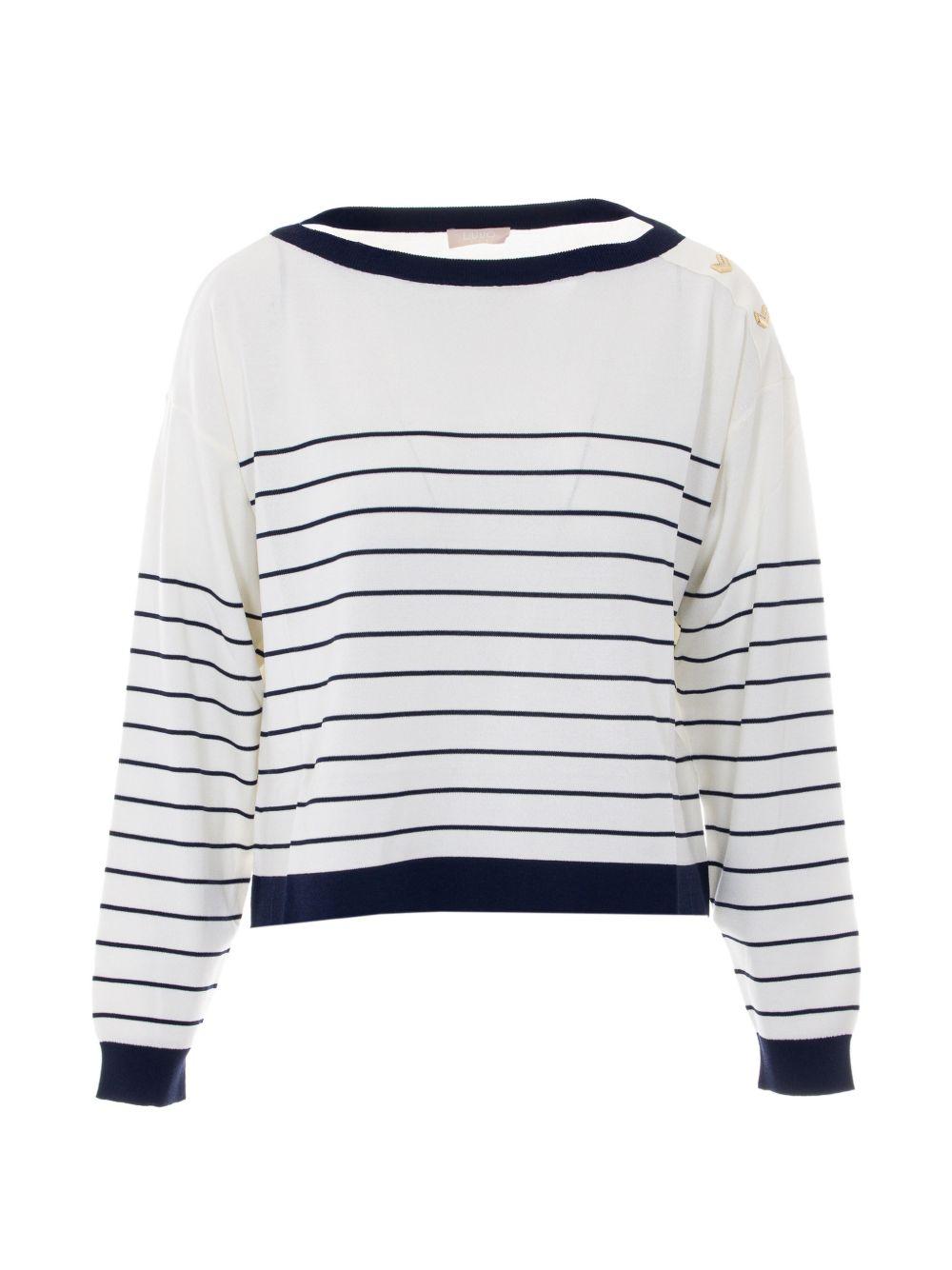 LIUJO Maglia bianca con scollo a barca a righe blu 