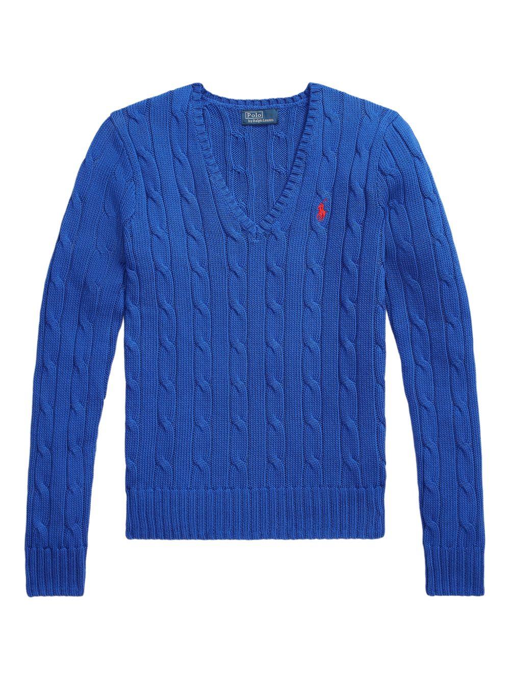 POLO RALPH LAUREN Maglia a trecce con scollo V in cotone blu 