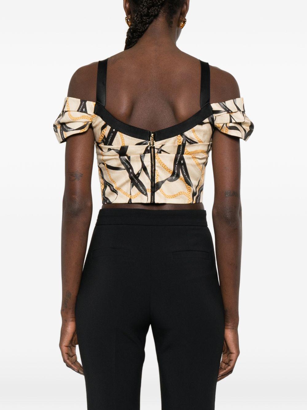 ELISABETTA FRANCHI Top con stampa grafica beige e nero con detagglio a catena 