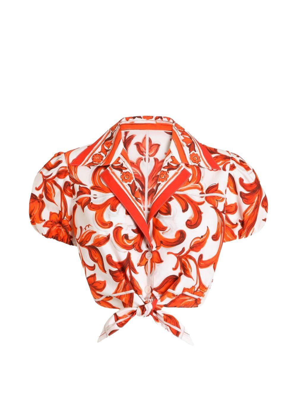 DOLCE e GABBANA Camicia in popeline con stampa Maiolica bianca e arancione 