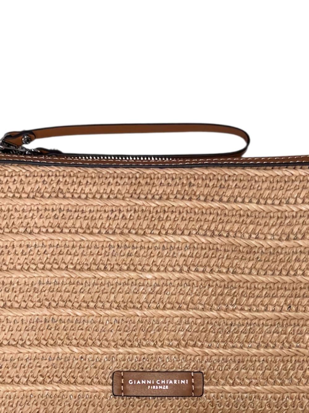 GIANNI CHIARINI Pochette Marcella in rafia e pelle marrone e beige 