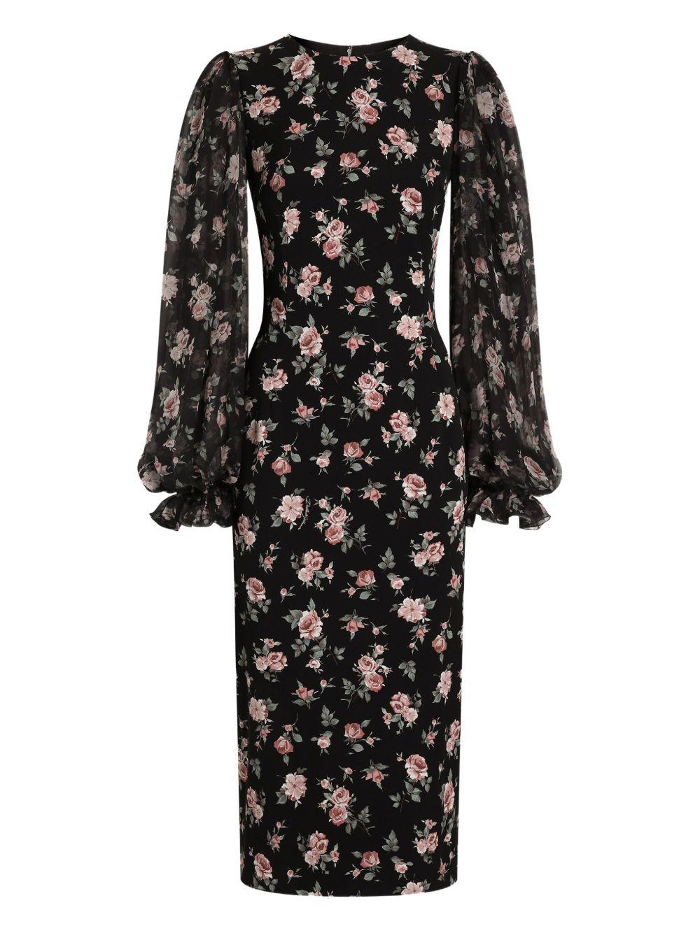 DOLCE e GABBANA Abito midi nero aderente con stampa floreale 