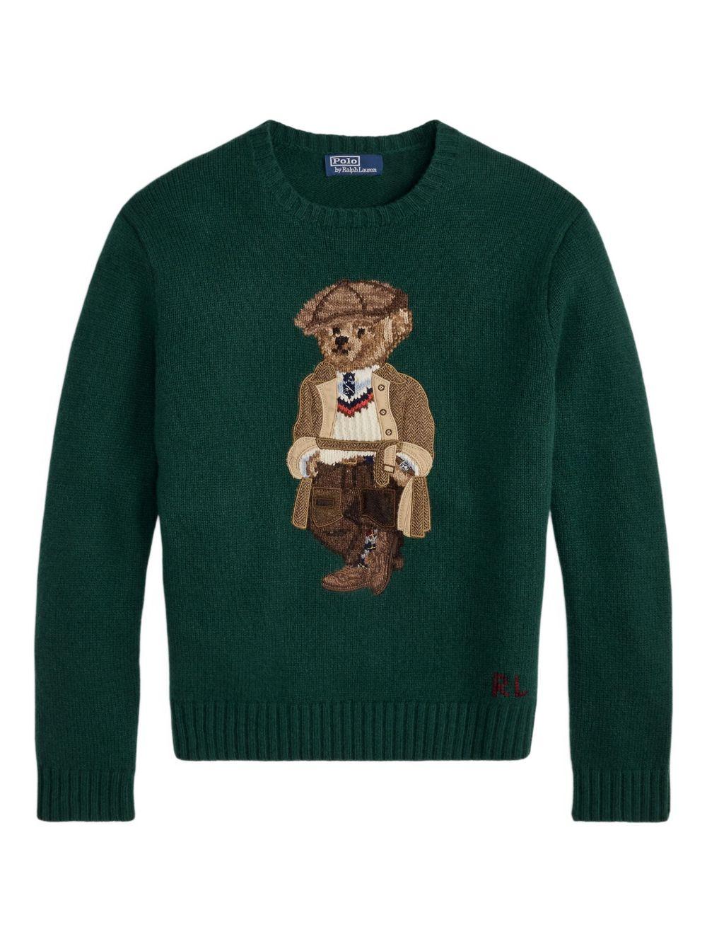 POLO RALPH LAUREN Maglione girocollo con ricamo Polo Bear verde<BR/> 
