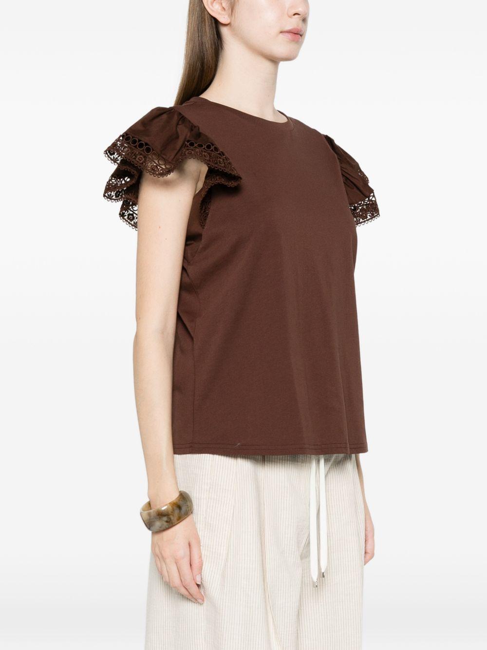 TWINSET T-shirt in cotone marrone con maniche a volant 