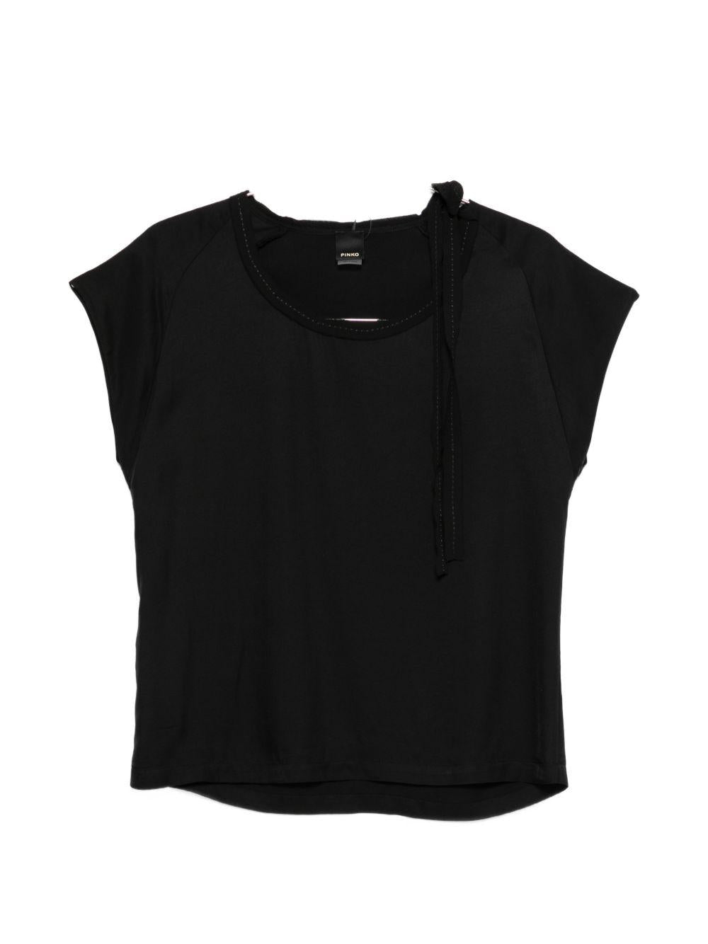 PINKO T-shirt nera con fiocco laterale sul collo 