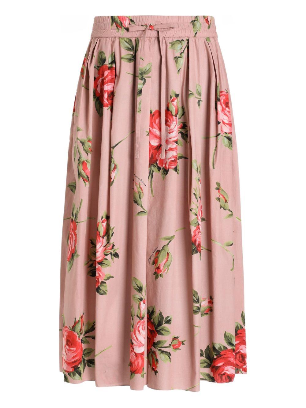 DOLCE e GABBANA Gonna midi in cotone rosa con stampa floreale 
