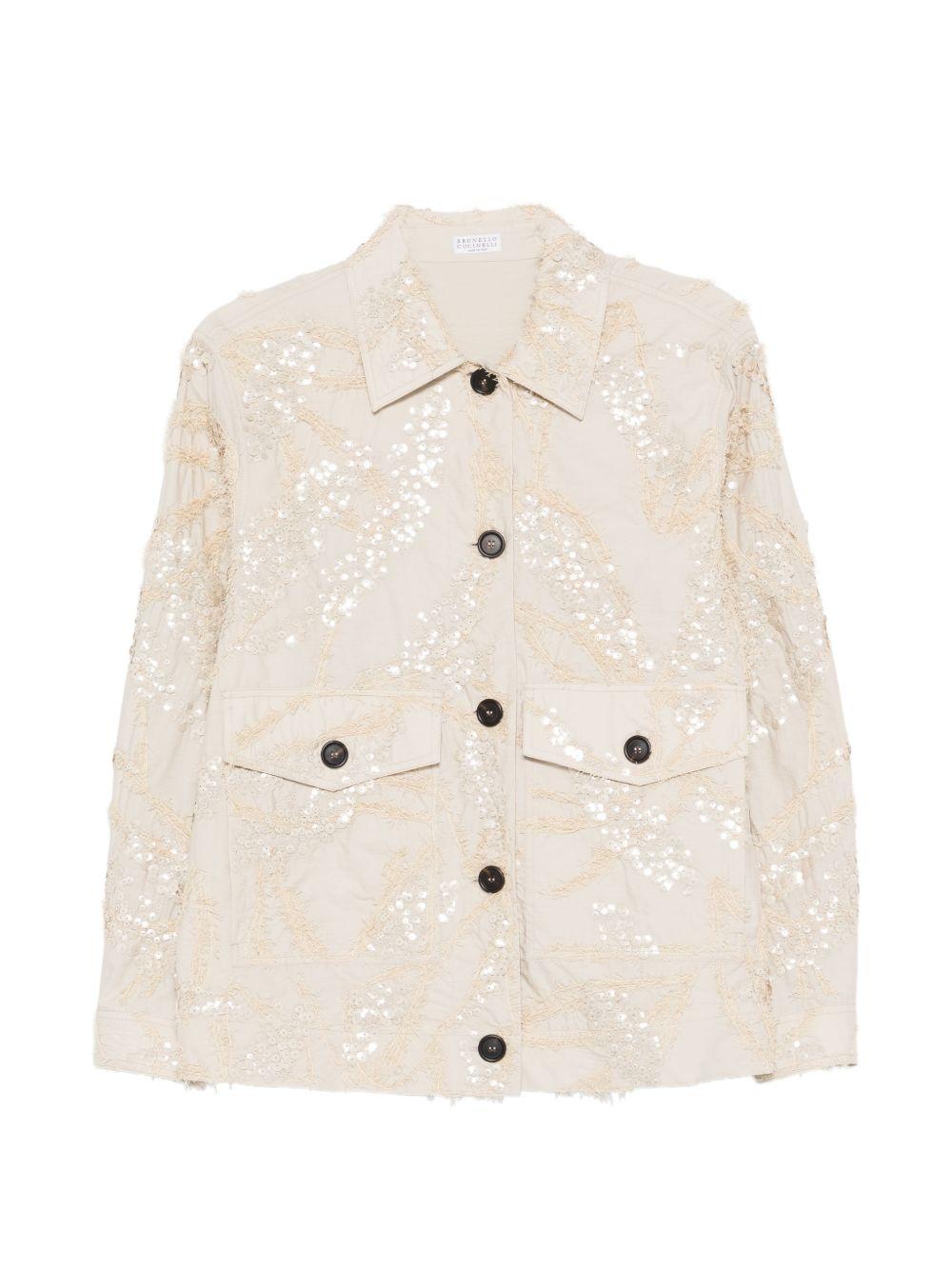 BRUNELLO CUCINELLI Giacca in cotone beige chiaro con paillettes 