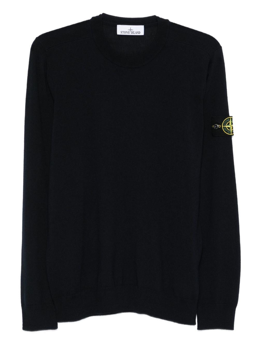 STONE ISLAND Maglia girocollo blu in lana con logo applicato 