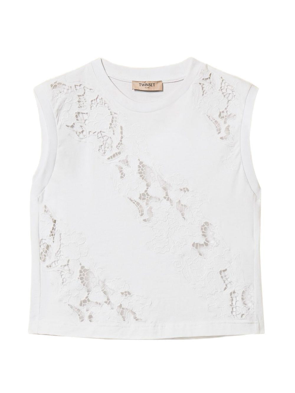 TWINSET T-shirt senza maniche in cotone bianco con ricami 